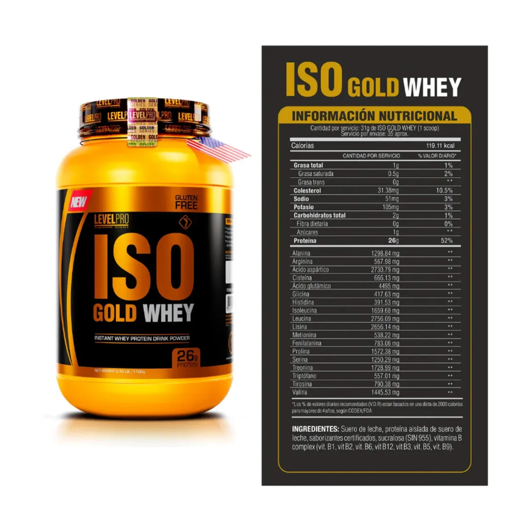 Proteína Iso gold whey de 1kg Vainilla + Creatina level pro 250gr + regalos