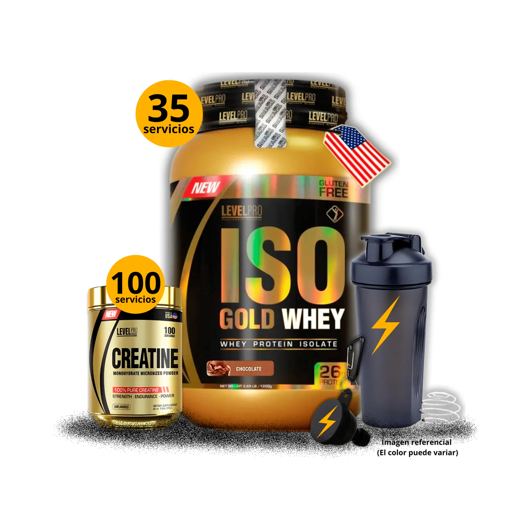 Proteína Iso gold whey de 1kg Vainilla + Creatina level pro 250gr + regalos